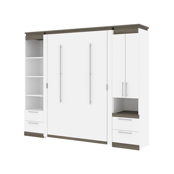 Orion 98W Full Murphy Bed and Narrow Storage Solutions with Drawers (99W), White & Walnut Grey